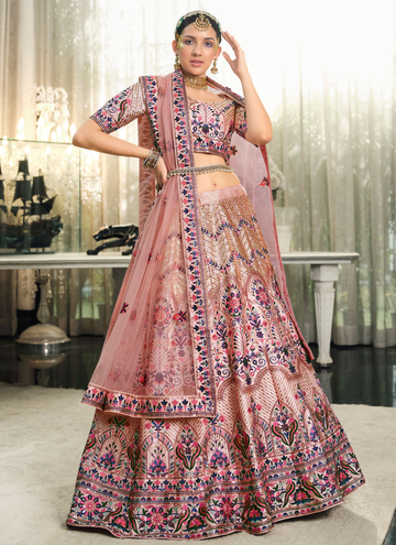 Unique Multi Thread Work Silk Peach Lehenga Choli Set